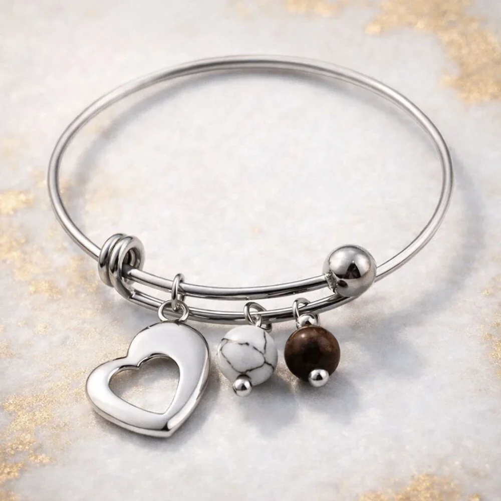 18K Gold Plated Boho Chic Bangle with Heart Tiger's Eye & Magnesite Charms ✨